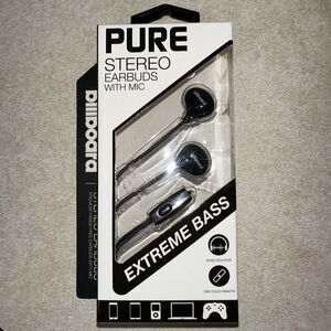 NIB Billboard Pure Black Stereo Earbuds w/ Mic Extreme Bass 3.5mm Plug